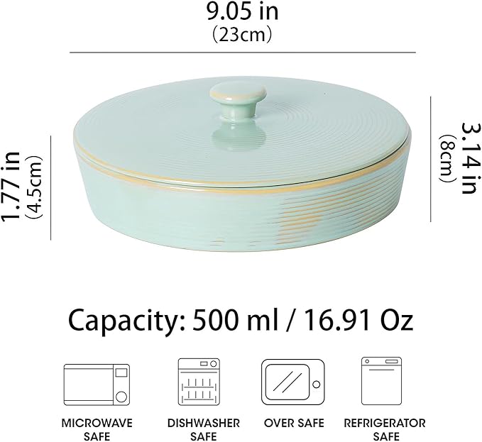 2 Pcs Tortilla Warmer, 9 inch Ceramic Tortilla Holder with Lids, Embossed Taco Holder Oven Microwave Safe, Green Pancakes Warmer for Taco, Pancakes, Waffles, Keep Tortillas Warm