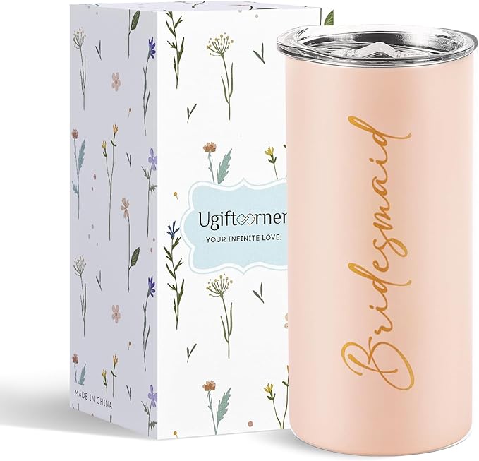Bridesmaid Gifts Bridesmaid Proposal Gifts Bachelorette Cups Wedding Party Favors Stainless Steel Insulated Skinny Tumbler with Lid and Straw 15 OZ Pink