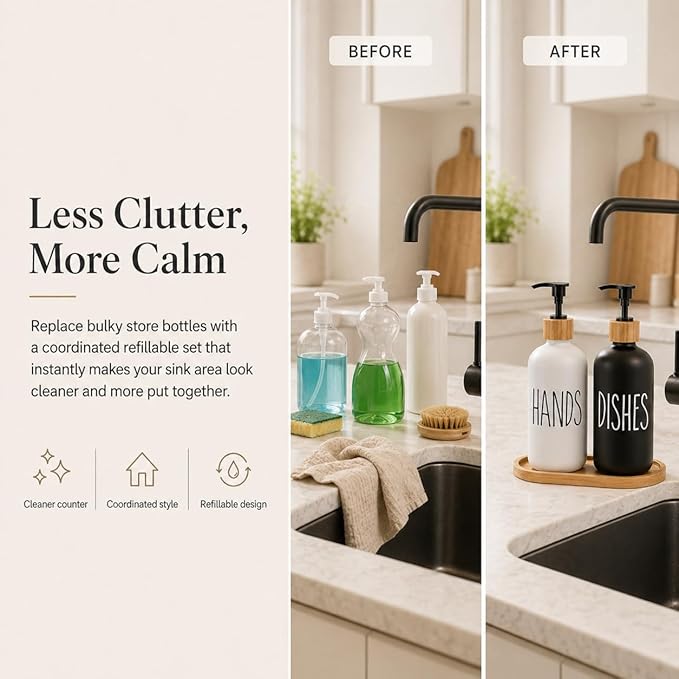 Dish Soap Dispenser for Kitchen Sink.Glass Hand Soap Dispenser, Modern Farmhouse Decor for Bathroom,Kitchen Sink Decor