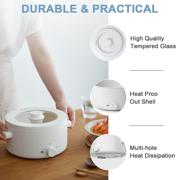 Hot Pot Electric,2L Ceramic Glaze Non-Stick Pan, Portable Hot Pot with Dual Power Adjustment, Electric Cooker for Egg, Ramen, Oatmeal,Soup Quick Heating and Overheat Protection