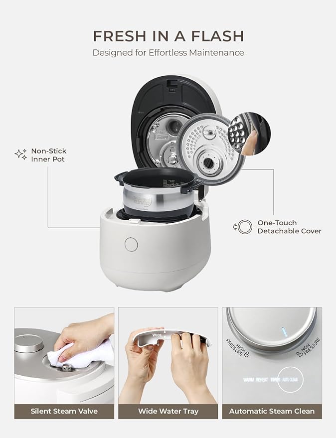 CUCKOO Twin Pressure Rice Cooker 6-Cup Uncooked / 12-Cup Cooked with Induction Heating Technology, Silent Pressure System, Open Cooking Mode, Dynamic Display, Eco Inner Pot, White (CRP-OHTR0609FW)