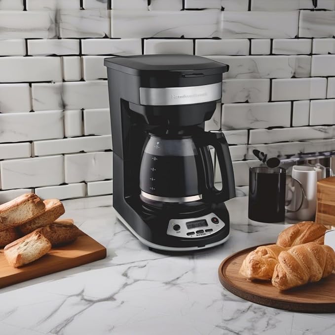 Hamilton Beach 12 Cup Programmable Drip Coffee Maker Machine, Regular & Bold Brew Options, Auto Pause and Pour, Glass Carafe, Black with Stainless Accents (46299J)