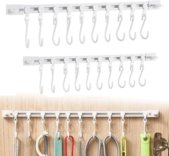 Multifunctional Slide Rail Hook,Kitchen Utensil Hanging Rack Wall Mounted Hanger,Space Saving Utensil Holder with 10 Hooks ,Sliding Track Hook No Drilling Hanger for Home Office (Length 30+40cm)
