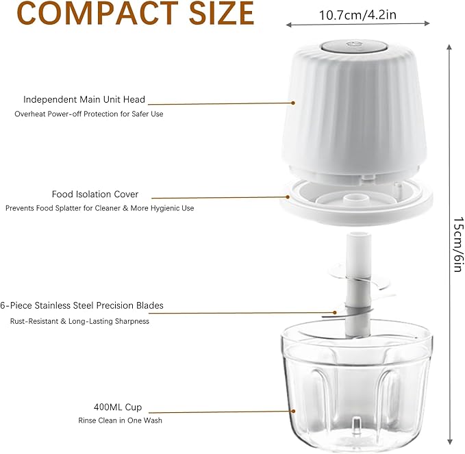 6-Blade Wireless Electric Garlic Chopper, Garlic Grinder, Small Food Processor with 400ml Cup, USB Charging, Cordless Portable for Garlic, Onion, Vegetables