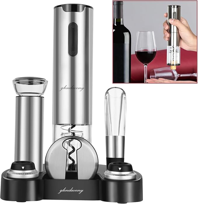 Electric Wine Opener Set with Stand, Wine Gift Set with Rechargeable Wine Opener, Wine Aerator, Foil Cutter, Vacuum Pump and 2 Stoppers, 7-in-1 Wine Bottle Opener Set for Home Party Bar Outdoor Gift