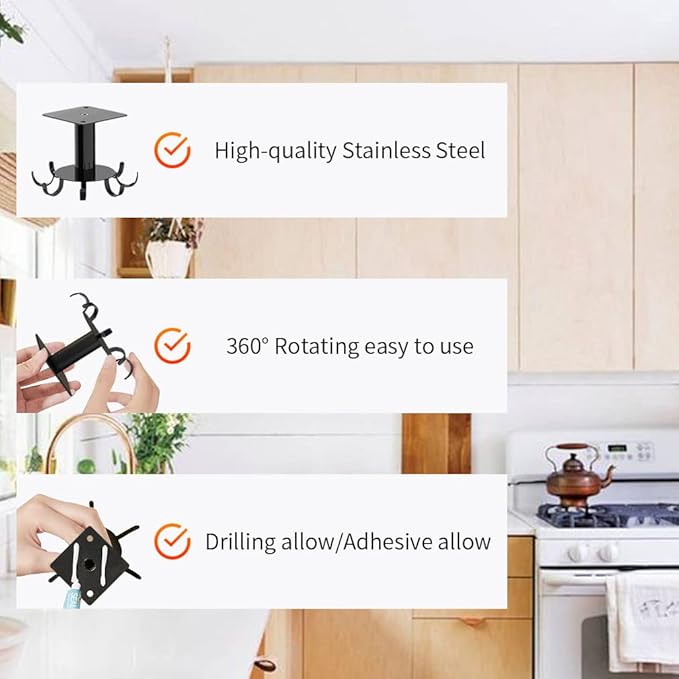 Aosome Under Cabinet Utensil Holder Hanger 360°Rotating Stainless Steel Kitchen Utensil Hanger 8 Hooks