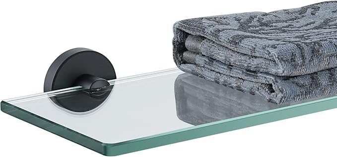 JQK Bathroom Glass Shelf Black, Tempered Glass Shower Storage 12 by 5 inches, 304 Stainless Steel Matte Black Wall Mount, TGS101L12-PB