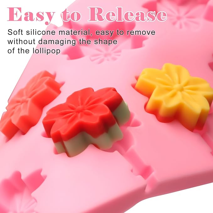 303Pcs Silicone Lollipop Molds Kit, Lollipop Maker Molds Set, Non-Stick Lollipop Candy Molds for Chocolate, 3D Flower Silicone Mold for Hard Candy with 100P Sticks, 100P Candy Bags, 100P Ties