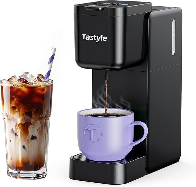 Tastyle Single Serve Coffee Maker Hot and Iced with Bold Brew, Small Coffee Machine for K Cup and Ground, Fits 7.3'' Travel Mug, Brews up to 16 Oz, 5 Cup Sizes, for Office, RV& Hotel, Elegant Black