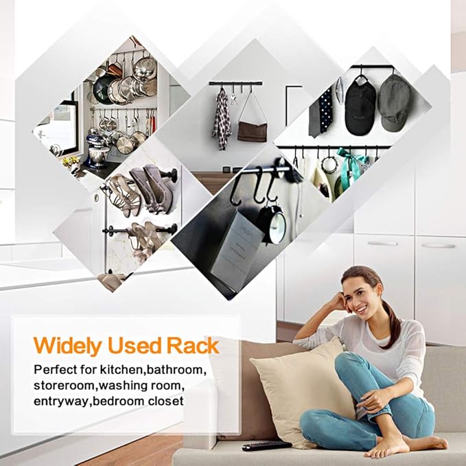 KAIYING Kitchen Utensil Rack with Removable S Hook for Hanging Pots and Pans, Rod Hooks for Mugs, Wall Mounted Kitchen Rail Organizer, Aluminum,(Black-5 Hooks)