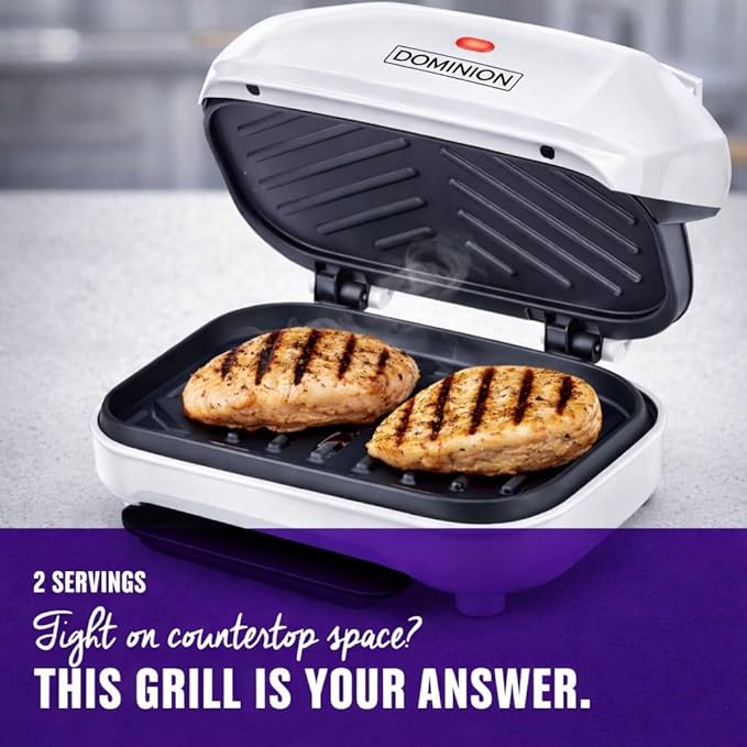 Dominion 2-Serving Classic Plate Electric Indoor Grill and Panini Press, Easy Storage & Clean, Perfect for Breakfast Grilled Cheese Egg & Steak, White