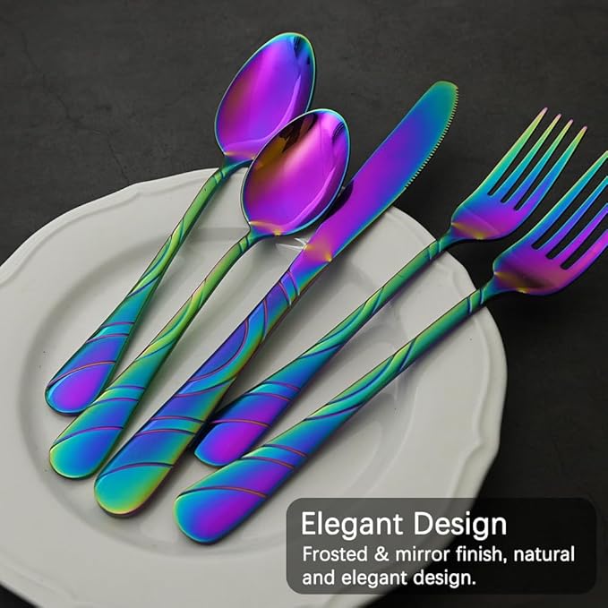 40-Piece Rainbow Silverware Set for 8, 18/0 Frosted & Mirror Finish Stainless Steel Vintage Flatware Set, Modern Cutlery Set for Home Wedding Restaurant Housewarming Party Event Serving For 8