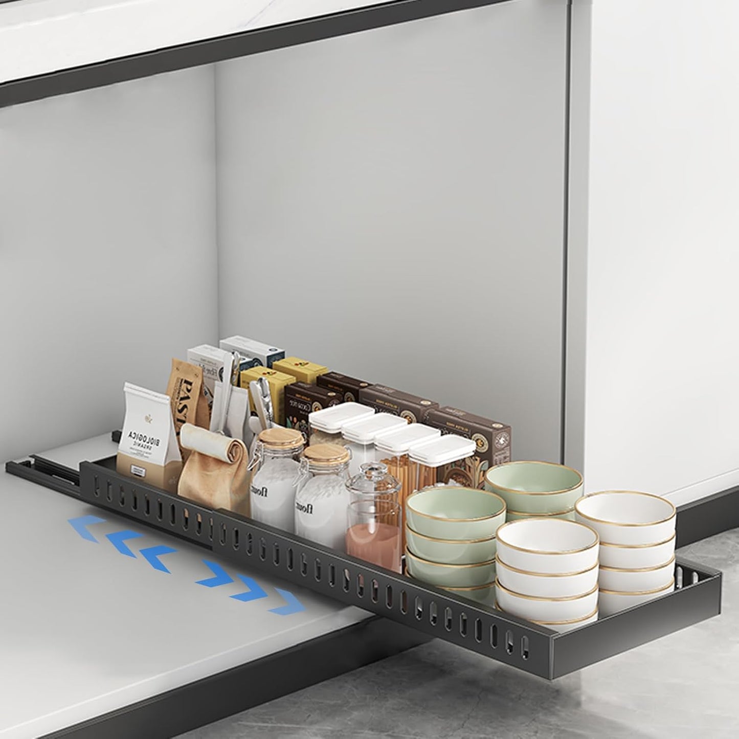 Expandable Pots and Pans Organizer Under Cabinet, Sliding Pot Lid Holder and Pan Rack in Kitchen, Pull out Kitchen Cabinet Storage, with 10 Adjustable Dividers