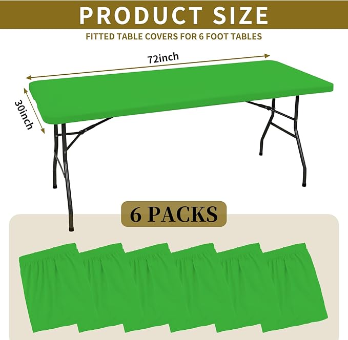 6 Pack Fitted Tablecloth for 6 Foot Rectangle Tables, Green Elastic Outdoor Picnic Table Cover, Washable Stretch Folding Table Cloths 6 ft for Camping Party Patio Kitchen Banquet, 30" W x 72" L
