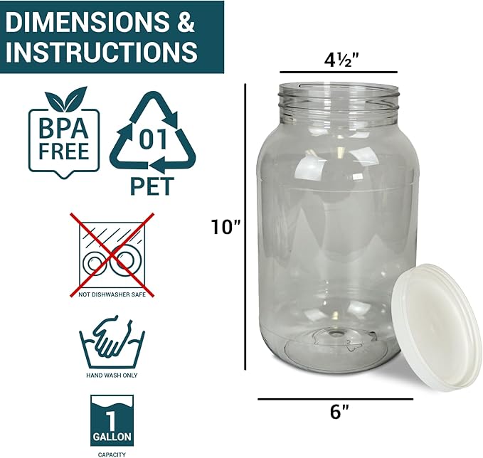 1 Gallon Large Plastic Jars with Lids (4 Pack) - Food Safe & Air Tight - Large Clear Plastic Jars with Lids - Wide Mouth Food Storage Containers - Kitchen & Pantry Organization by Billy Buckskin