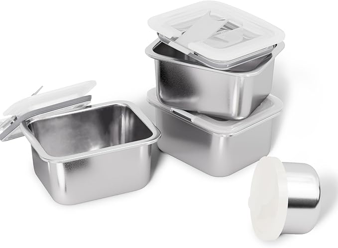 Bakpoco Stainless Steel Snack Lunch Containers for Kids, 3 Packs 12 oz Leak-Proof Lunch Box Containers, Microwave-Safe, Convenient Metal Small Food Storage Container with Lid for School, Work