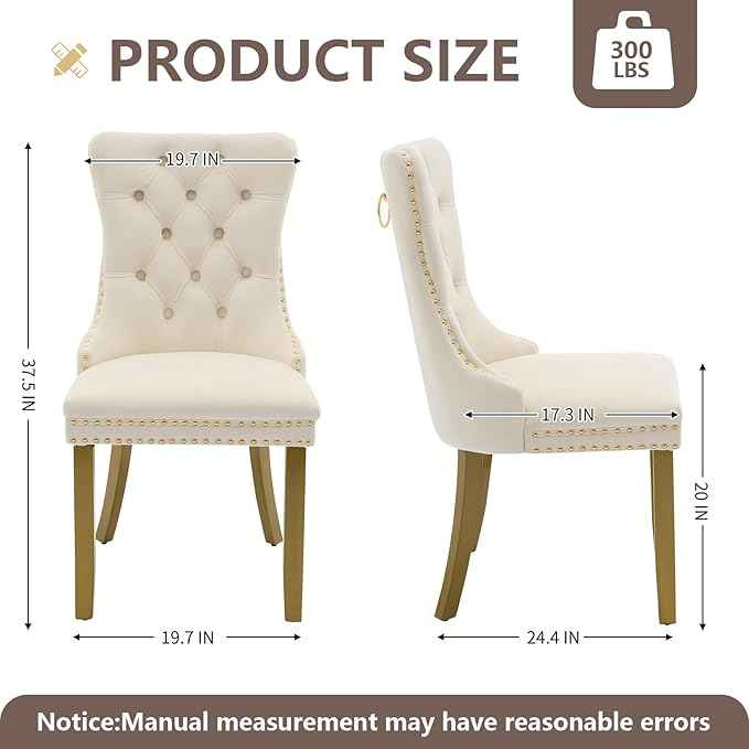 Velvet Dining Chairs Set of 6, Kitchen & Dining Room Chairs, Upholstered Dining Chairs with Back Ring Pull and Golden Solid Wood Legs, Modern Tufted Kitchen Chairs for Dining Room, Cream