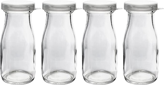 The Dairy Shoppe Glass Milk Bottle, Heavy Glass with Extra Lids, Creamery Style (4, Half Pint Decanter)