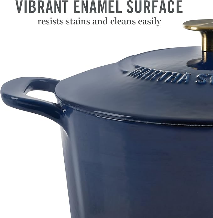 MARTHA STEWART Gatwick 7-Quart Enamel Cast Iron Dutch Oven Pot with Lid – Navy Blue with Gold Knob – Durable Heavy-Duty Dutch Oven for Slow Cooking & Braising