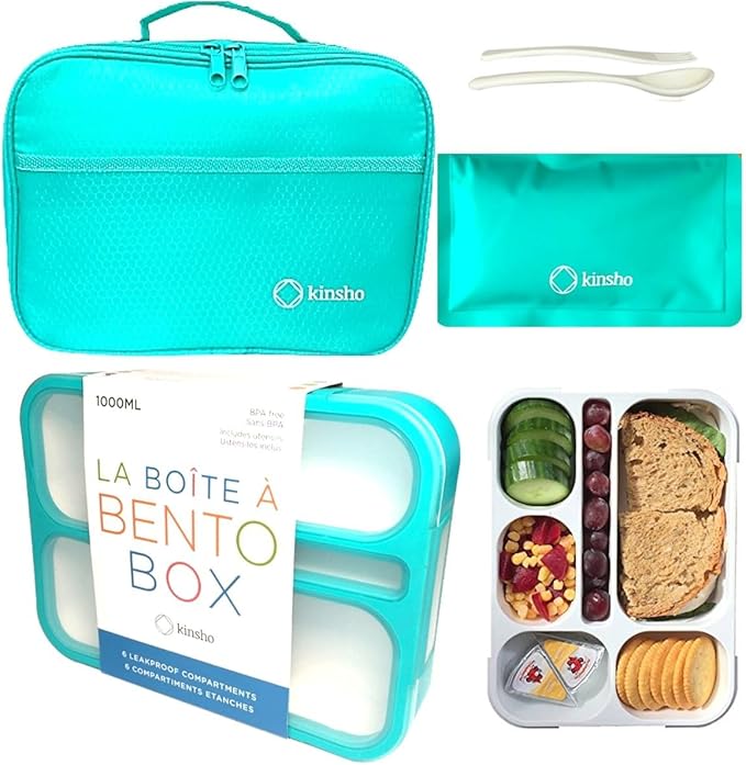 kinsho Lunch Box for Kids Boys Girls - Bento Box Set with Insulated Bag and Ice Pack, 6 Compartment Leak Proof Food Container, BPA-Free, Microwave Safe, Ideal for School & Work, Teal
