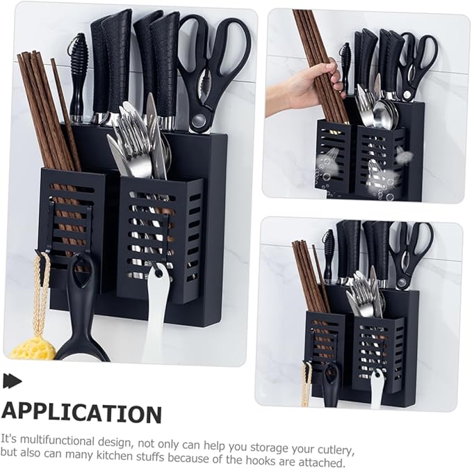 Stainless Steel Kitchen Cutlery Holder Wall Mounted Utensil Shelf with Hooks Multifunctional Storage Rack for Kitchen Utensils and Knives Black