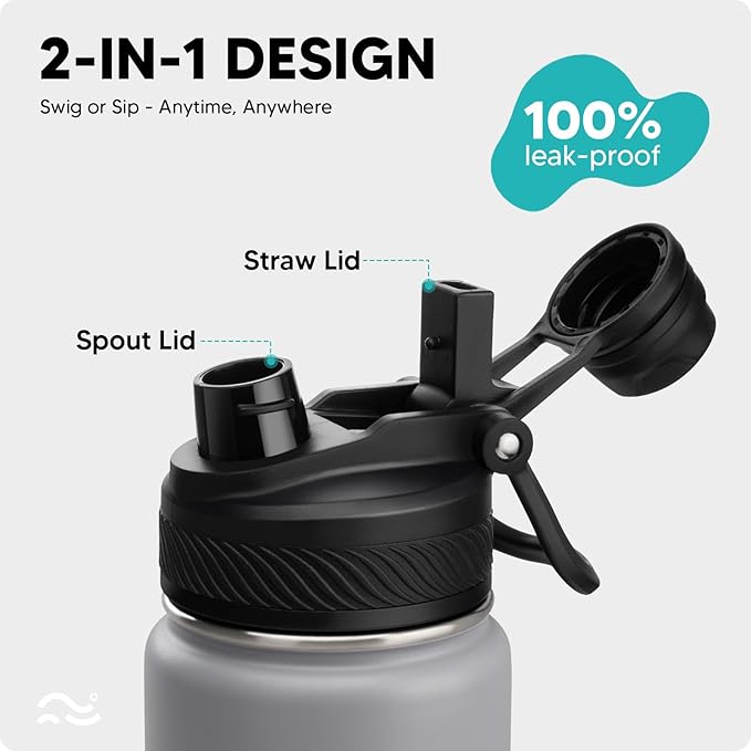 Swigina [2-IN-1 LID] Insulated Water Bottle with Silicone Boot (36hrs Cold/18hrs Hot) - DIY Stickers, Leakproof, BPA Free, 24 oz