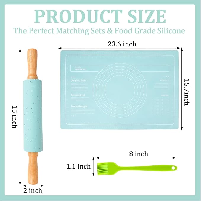 3Pcs Silicone Rolling Pin for Baking Sets,15Inch Pastry Dough Roller with Wooden Handle Silicone Mat and Brush, Non Stick Surface Rolling Pins for Dough Cookie Baking Kitchen Accessories(Green)