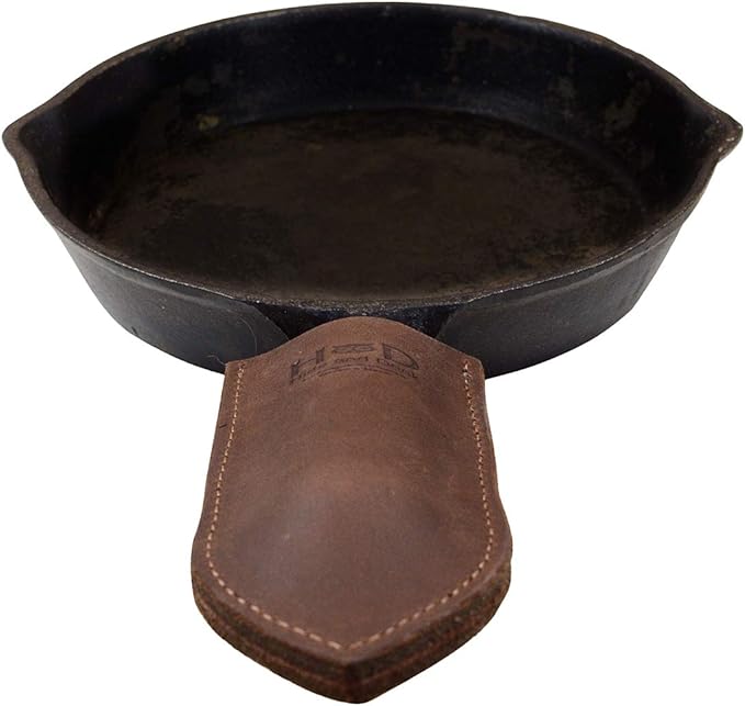 Hide & Drink, Cast Iron Hot Handle Cover, Skillet Panhandle Grips, Frying Pan, Heat Protection, Kitchen Essentials, Full Grain Leather, Handmade (Bourbon Brown, Small)