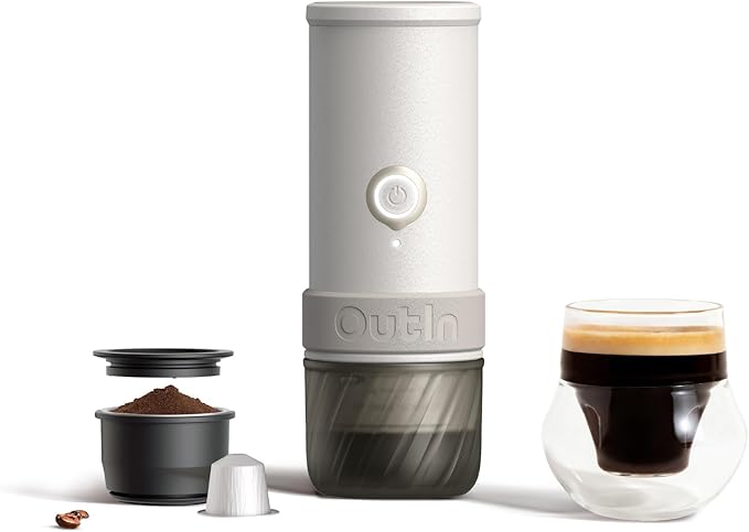 OutIn Mino Portable Electric Espresso Machine, Mini Camping Coffee Maker for Travel, Pocket Sized Coffee Machine Self-Heating, Ground Coffee & NS Capsule Adapter For Adventure