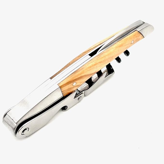 Olive Wood Wine Opener With Two Step Cork Pull Lever, Five Spiral Teflon Coated Worm and Serrated Knife, Beautiful Wood Grain and Quality Construction. The Superior Waiter's Corkscrew.