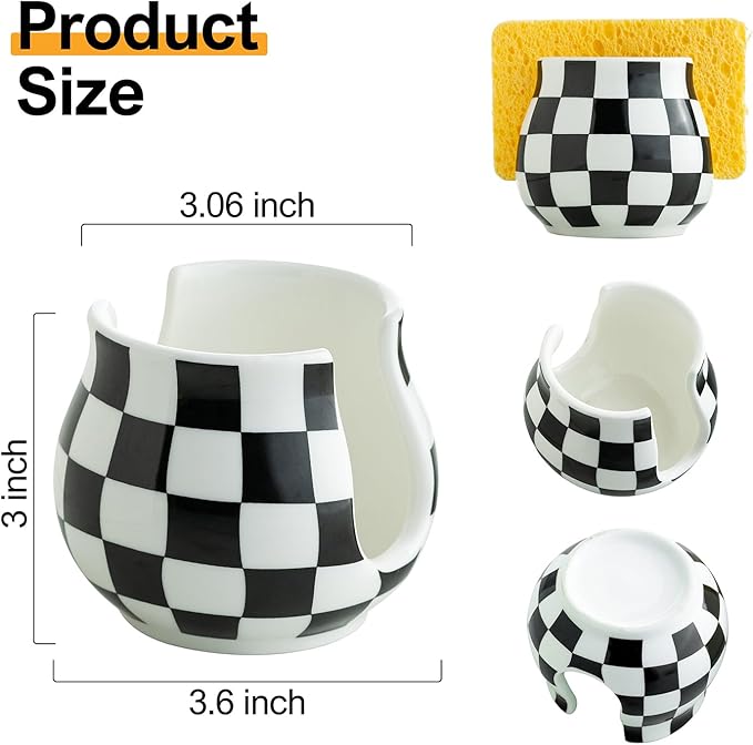 Checkered Sponge Holder for Kitchen Sink, Ceramic Dish Sponge Dish Rack Scrubby Holder Kitchen Organizer Cute Sink Caddy Organizer, Farmhouse Decor, Black and White