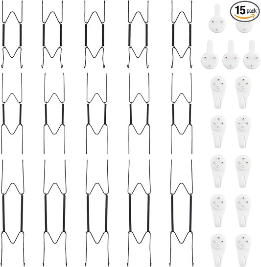 Bilillo 15-Piece Strong Stainless Steel Plate Hangers Set, Invisible 6/8/10 Inch Wire Holders with Wall Hooks for 6–11 Inch Decorative, Antique & Ceramic Plates and Artwork (Black)