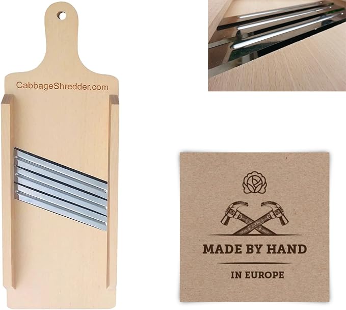 Wooden Cabbage Shredder, Vegetable Slicer for Food Preparation, Sauerkraut, Coleslaw, Salads. Pre-Oiled. Three Blades. A Cut Resistant Glove.