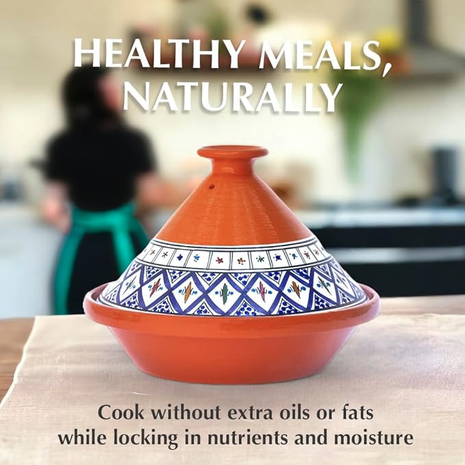 Kamsah Tagine Pot for Cooking and Flavor Enrichment - Medium Clay Pot 10”, 3.1 QT - Non-Stick Handmade Cookware - Moroccan Ceramic Pots for Cooking with Lid & Serving Bowl - Bohemian Classic Blue