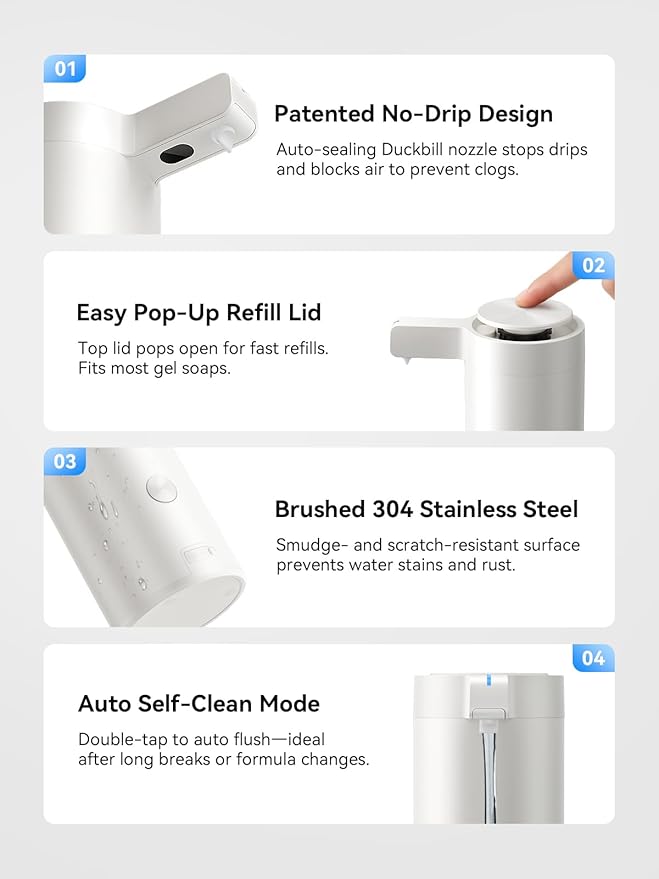 SUNLY Touchless Automatic Soap Dispenser – Clog-Free Pump, Fast Sensor, USB-C Rechargeable, Smudge-Resistant Stainless Steel, for Kitchen & Bathroom Soap Dispenser, White