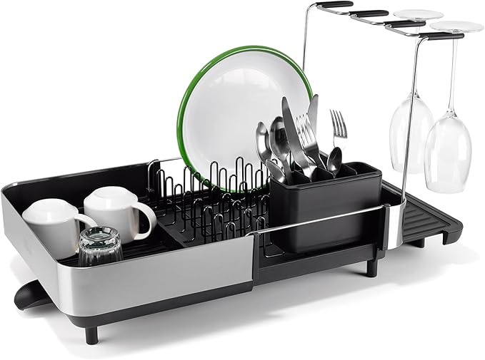Joseph Joseph Extend Steel Plus Extendable Dish Rack Steel, Small to Large Dish Drainer with Wine Glass Holder & Drain Spout, Black