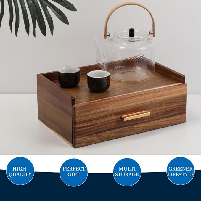 Tea Organizers and Storage Box Tea Station organizer for Countertop with 4 Cotton Woven Coasters Acacia Wood Tea Bag Organizer Drawer Teabag Holder with 8 Compartments Wooden Sugar Packet Holder