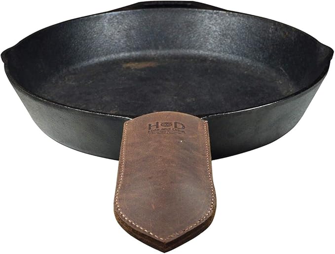 Hide & Drink, Cast Iron Hot Handle Cover, Skillet Panhandle Grips, Frying Pan, Heat Protection, Kitchen Essentials, Full Grain Leather, Handmade (Bourbon Brown, Large)