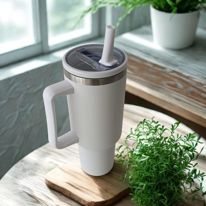 40oz Tumbler with Handle, Flip Straw, and Leak-Proof Lid – Stainless Steel Double Wall Insulated Travel Mug (Pure White)