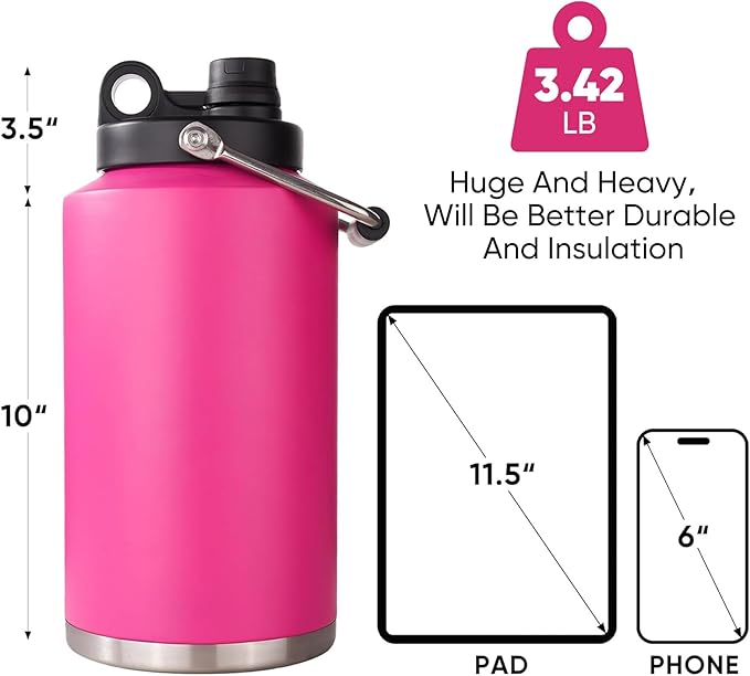 Kerilyn Insulated Gallon Jug with Handle, One Gallon, 128oz Stainless Steel, Large Double Vacuum Water Bottle for Hot & Cold Drinks, Wide Mouth, Sweat Proof, Great for Travel, Camping, Pink