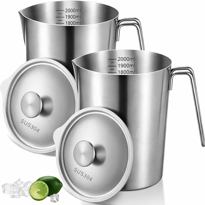 2 Pcs 2 L/70 oz Large Stainless Steel Pitcher with Lid, Metal Measuring Cup, Large Mouth Graduated Beakers with Handle, Milk Frothing Jug for Espresso Machine, Latte Art, Hot/cold Water
