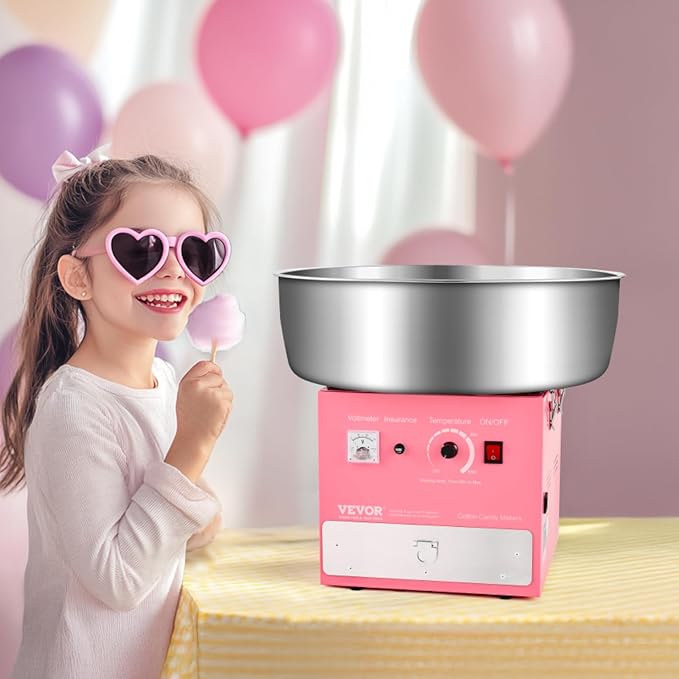 VEVOR Electric Cotton Candy Machine, 1000W Commercial Candy Floss Maker with 20.5 in Stainless Steel Bowl, Sugar Scoop, and Drawer, Easy Home Use, Perfect for Kids Birthday, Family Party, Pink