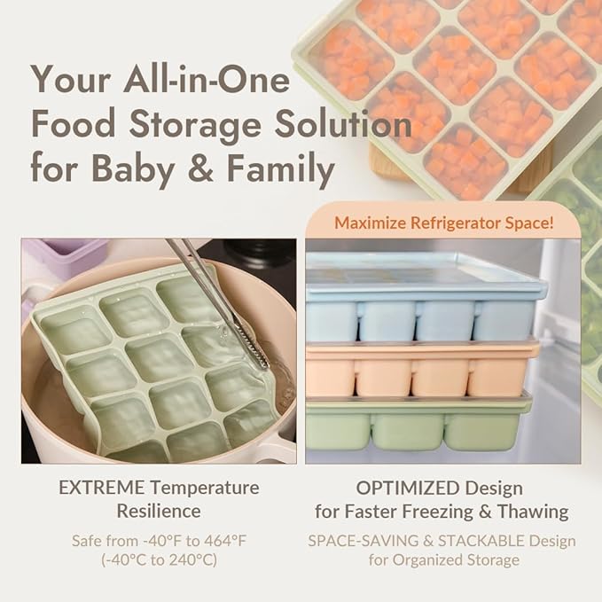 Baby Food Storage Silicone Cubes with Clip-On Lid Freezer Tray Baby Food Soups Purees Ice Safe Design Made in Korea(12cubes 1.5oz, Ocean Blue Set of 2)