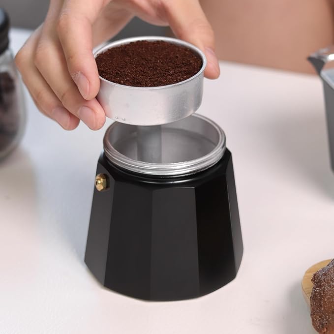 Sivaphe Aluminum Moka Pot 3 Espresso Cups, Percolator Espresso and Coffee Maker, Portable Stovetop Italian and Cuban Café Brewer for Home and Camping Black