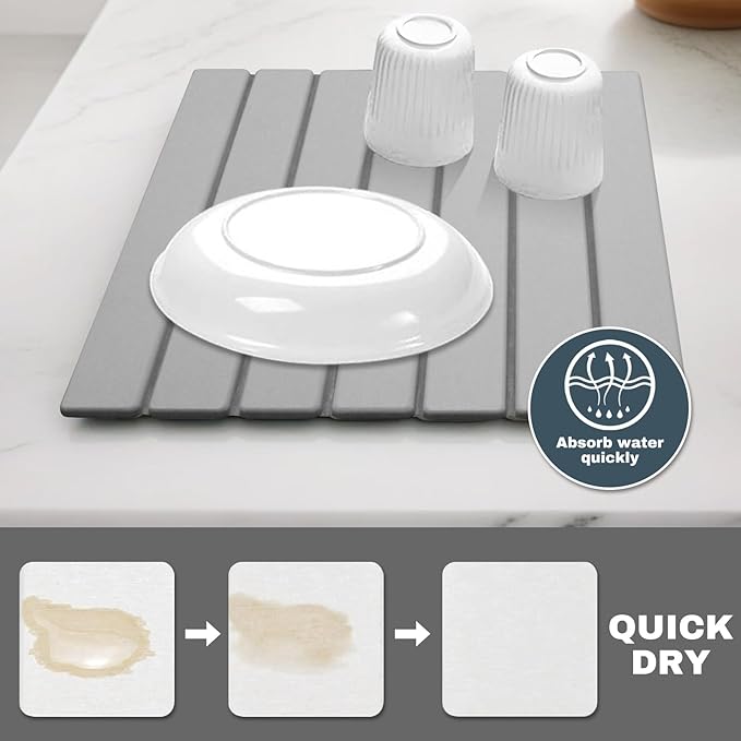 AIFLM Large Stone Dish Drying Mats for Kitchen Counter , Quick Dry Absorbent Collapsible Dish Drying Mat, 24”(L)x16”(W) Diatomaceous Earth Mats for Dishes Bottles Cups,Match Any Countertop
