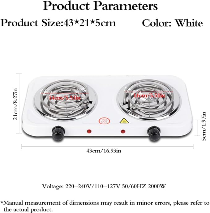 Compact and Portable Countertop Burner- Countertop Double Coiled Burner 2000 Watts Electric Hot Plate Temperature Controls White