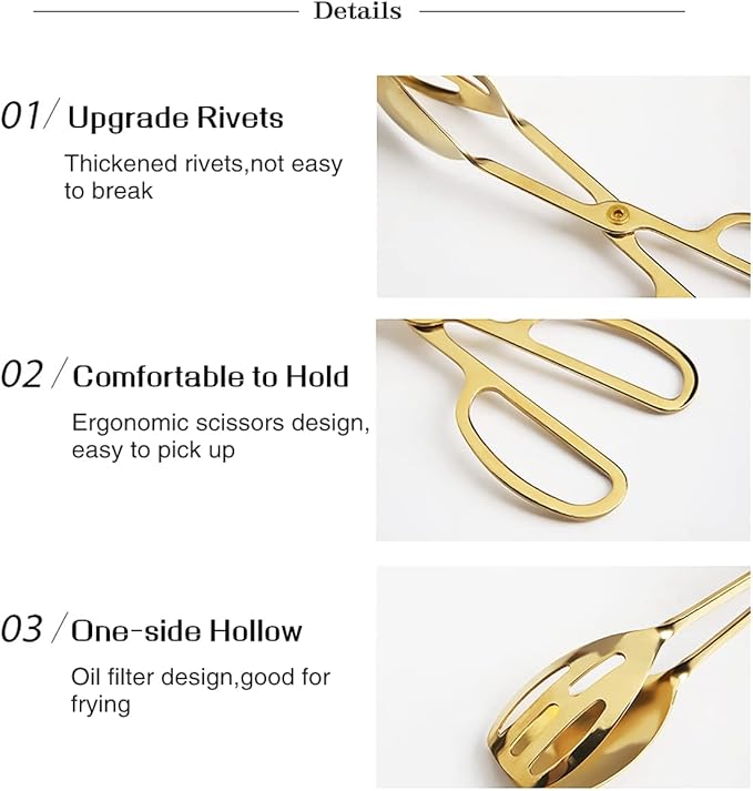 2 Pieces Buffet Salad Tongs for Kitchen Serving and Cooking, Stainless Steel Food Scissor Tongs, Catering Utensil for Bread Cake Bake Steak Barbecue (Gold)