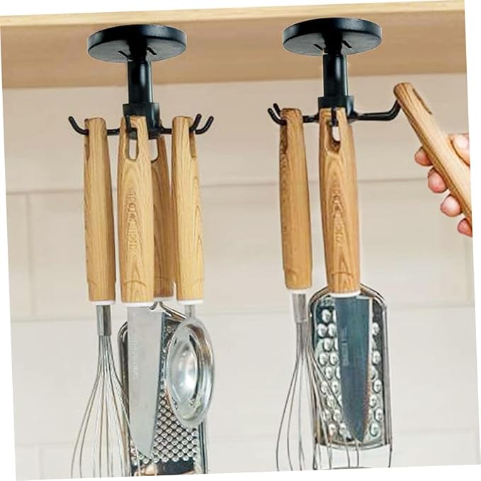 Lurrose 3pcs Rotating Kitchen Utensil Hooks Set, Black Metal Hanging Rack for Spatula Spoon Storage, Under Cabinet Organizer for Kitchen Cooking Tools