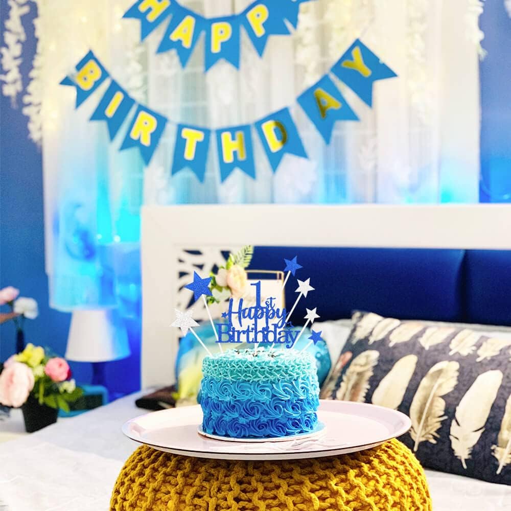 Glittery 1st Happy Birthday Cake Topper with Star,Personalised 1 Birthday Cake Toppers Party Decorations Party Supplies for Baby Boys Girls Blue