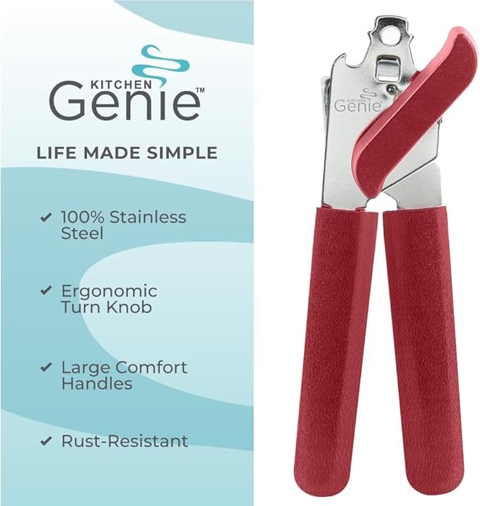 Kitchen Genie Slip Resistant Stainless Steel Manual Can Opener, Sharp Blade for Smooth Edge Cuts, Easily Open Cans, Ergonomic Handles with Easy to Turn Knob, Built-In Bottle Openers, Cherry Red